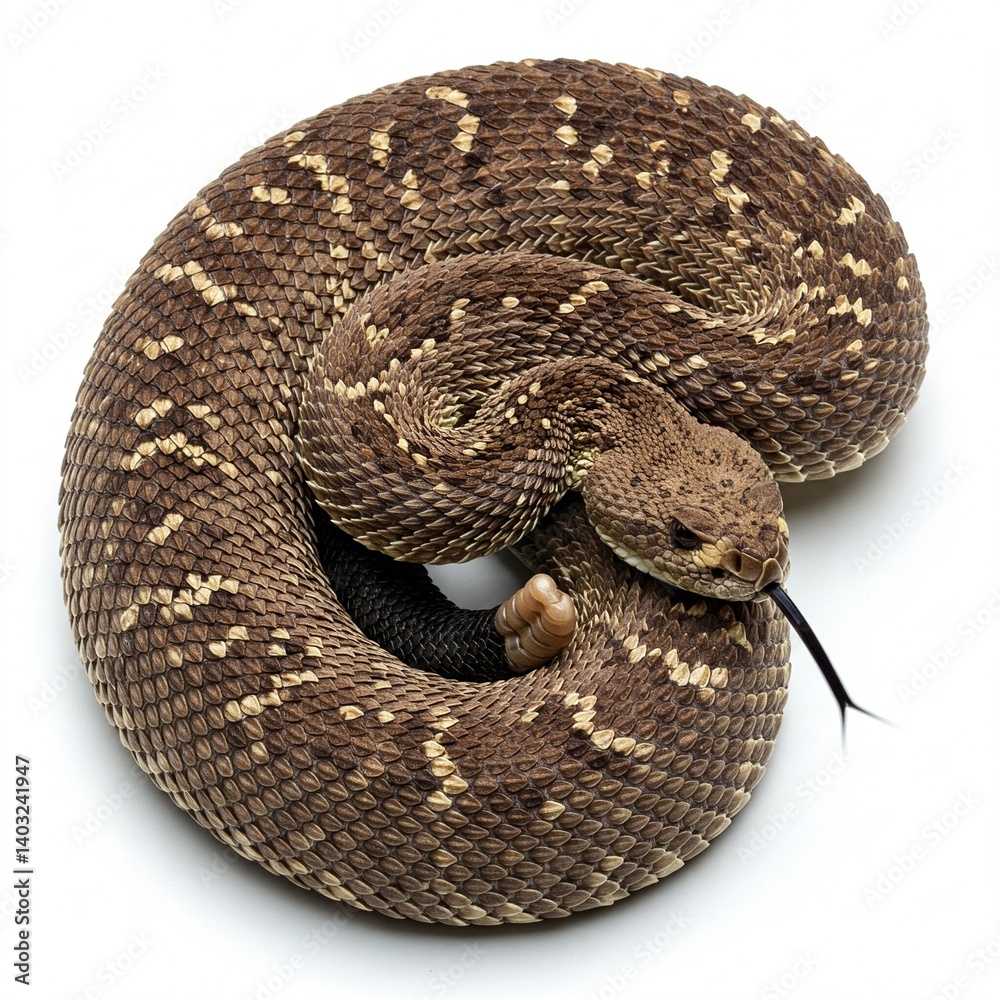 Rattlesnake isolated on white background with coiled body and venomous rattle visible
