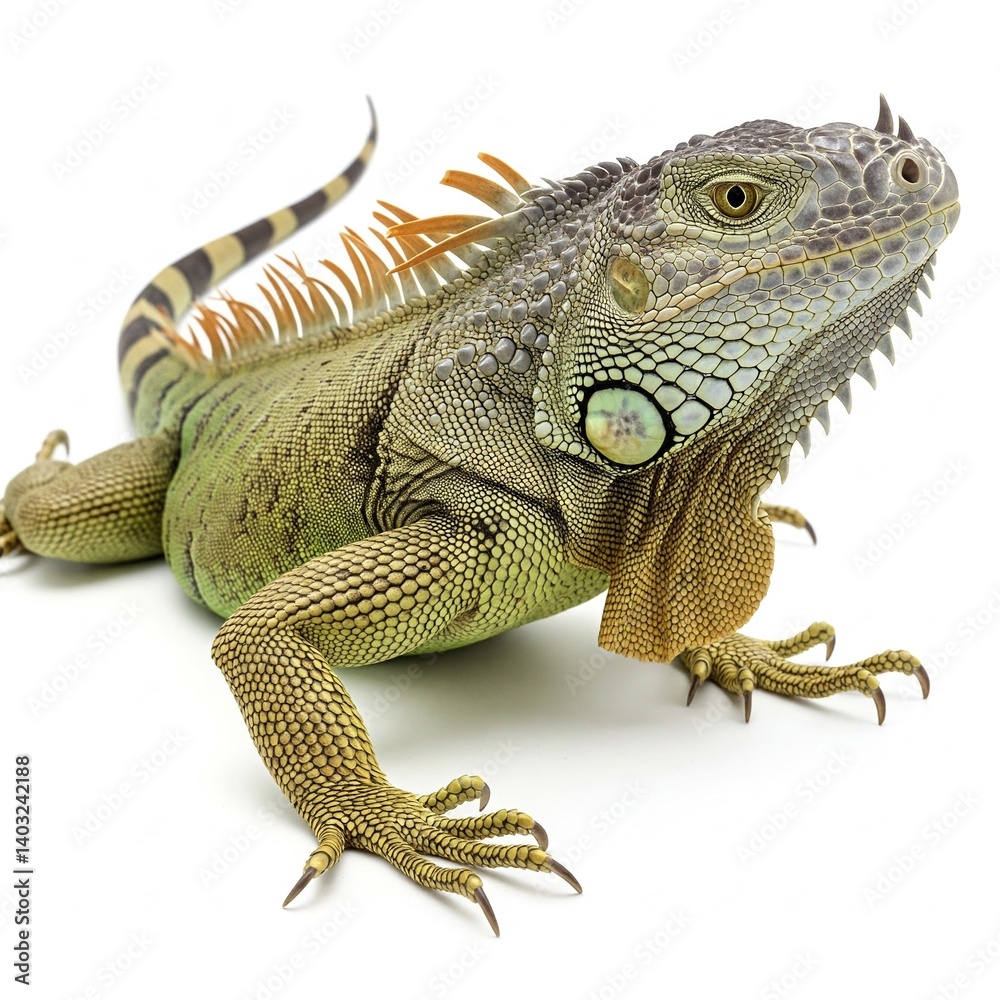 Obraz premium Iguana resting calmly on clean white background with detailed green patterned skin 