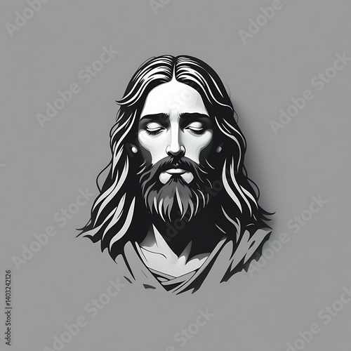 Jesus Christ, black and white illustration, minimalist style, long hair, beard, closed eyes, serene expression, symmetrical composition, shadow effect, religious iconography, Portrait, 