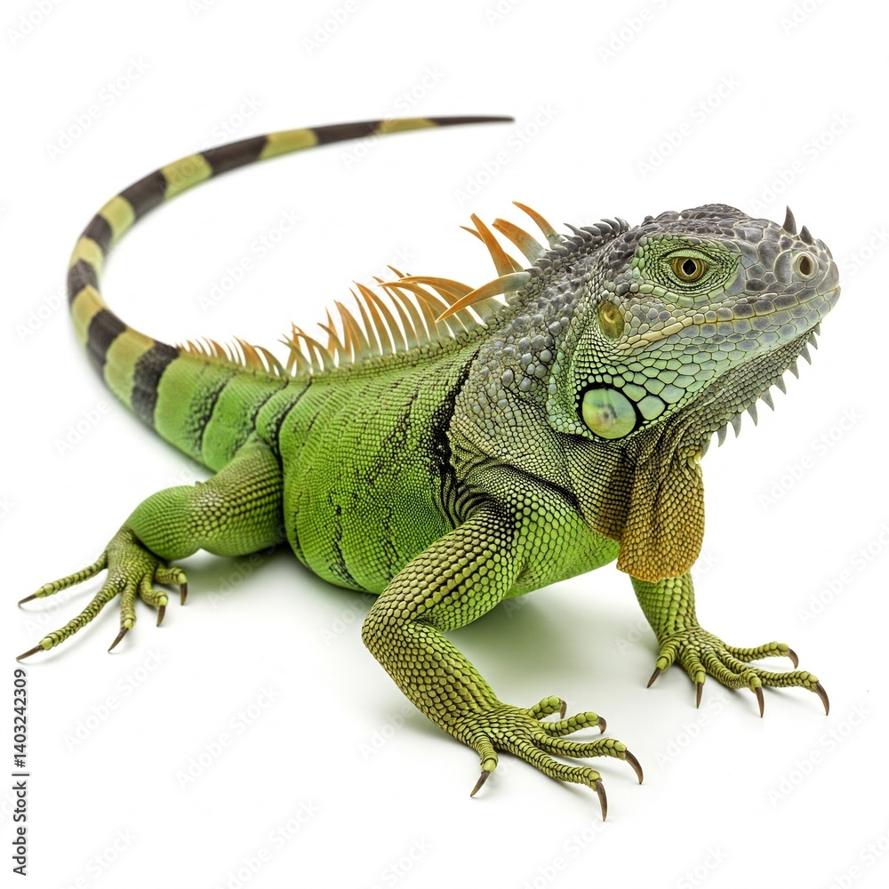 Obraz premium Green iguana positioned on white background with textured skin and calm expression 