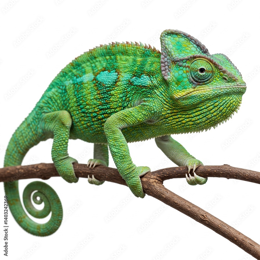 Fototapeta premium Chameleon with curled tail on white background showing vibrant textured skin 