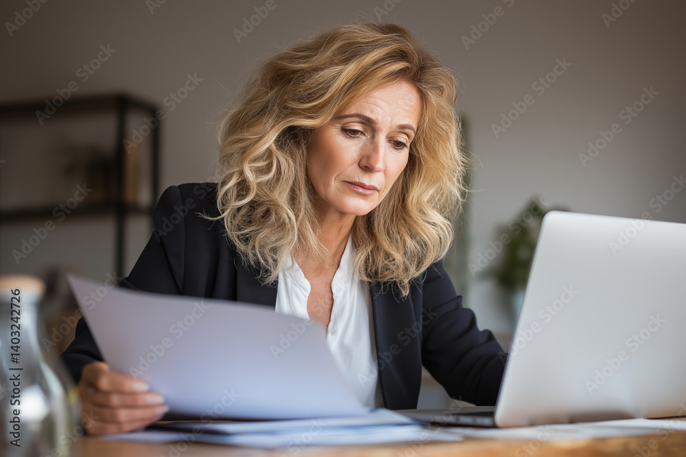Confident Middle-Aged Businesswoman Reviewing Report at Desk in Office. Confident Middle-Aged Businesswoman Reviewing Report at Desk in Office.