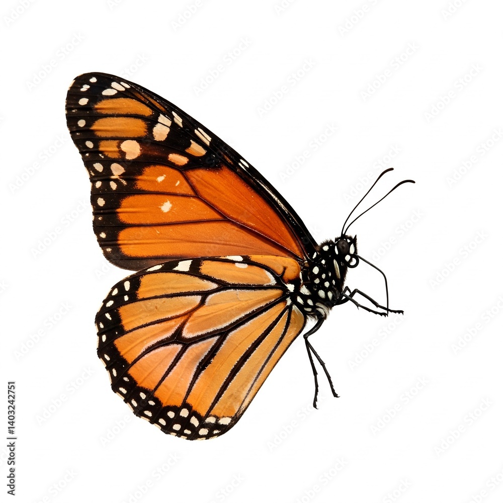 Fototapeta premium Monarch butterfly isolated on white background displaying vibrant orange wings and black patterns 