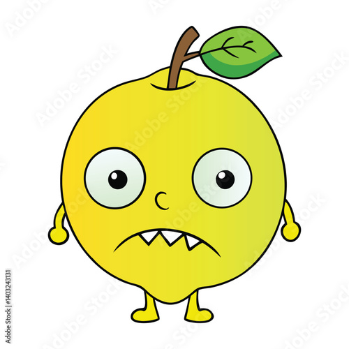 A creepy zombie-apple-lemon monster with rotting skin, sharp fangs, and glowing eyes—oozing citrus slime and thirsting for fruity brains in a twisted orchard of doom!