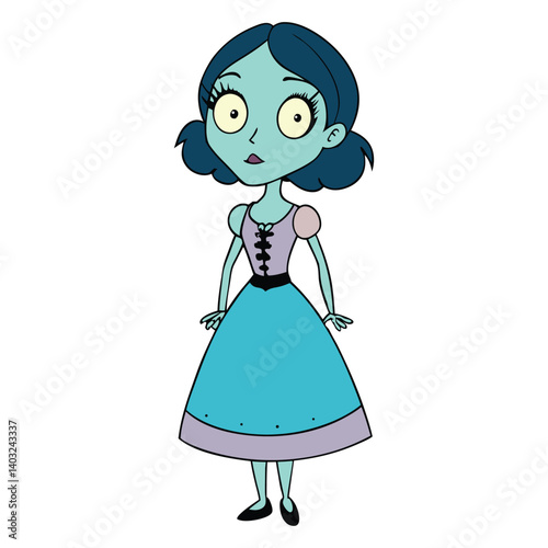 Zombie girl in a beautiful, tattered dress, blending eerie charm and haunting elegance, with pale skin, glowing eyes, and a twisted smile under moonlight.