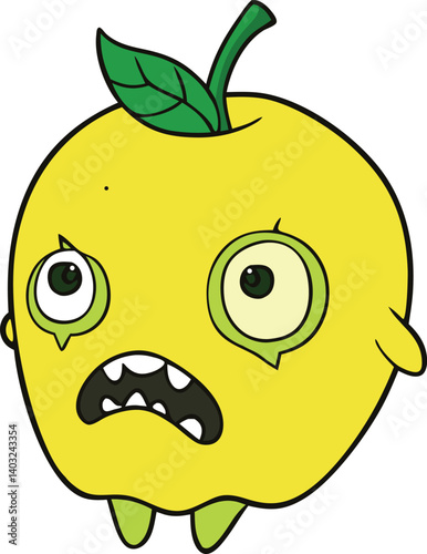 A creepy zombie-apple-lemon monster with rotting skin, sharp fangs, and glowing eyes—oozing citrus slime and thirsting for fruity brains in a twisted orchard of doom!
