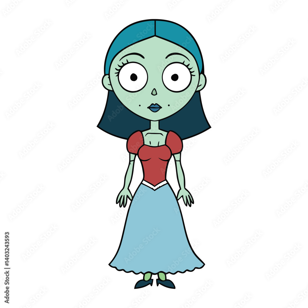 Fototapeta premium Zombie girl in a beautiful, tattered dress, blending eerie charm and haunting elegance, with pale skin, glowing eyes, and a twisted smile under moonlight.
