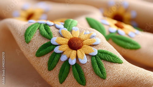 Close-up of delicate yellow and white embroidered flowers on beige fabric. Generative AI