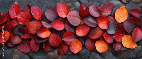 Obraz na płótnie Red and yellow leaves scattered on gray rocks. Autumnal colors and textured background contrast w salonie
