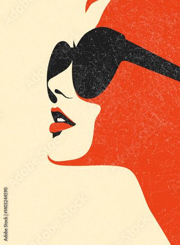 Fashionable charming brunette girl. Young beautiful fashion woman with sunglasses Abstract female face, contemporary design drawing in retro style placard, vector illustration 