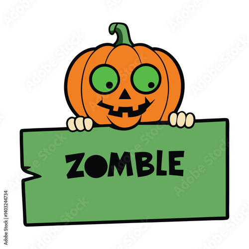 A spooky zombie pumpkin sign with a creepy green hand rising from the ground, clutching a cracked pumpkin—perfect for eerie Halloween vibes and haunted decor.