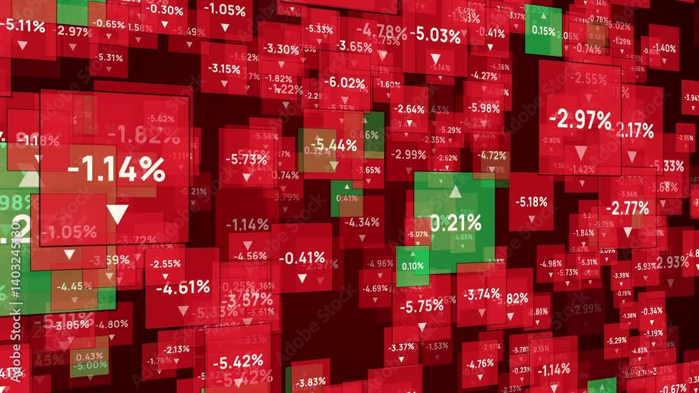 Stock market crash, illustration of economic crisis and collapse of stocks and bonds, global financial crisis and shock, bursting of economic bubble. Background of squares with falling interest rates.