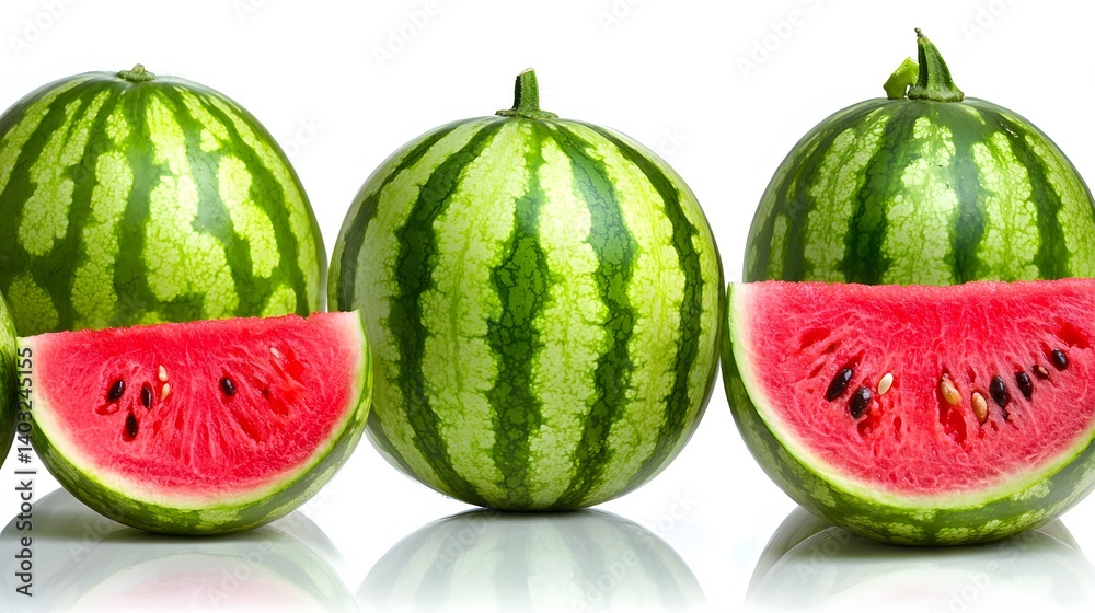 Fresh Watermelon Slices with Whole Watermelons Isolated on White Background Fresh Watermelon Slices with Whole Watermelons Isolated on White Background