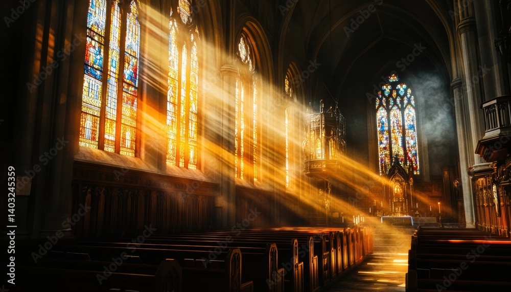 Radiant light streams into a cathedral, illuminating stained glass windows. Radiant light streams into a cathedral, illuminating stained glass windows.