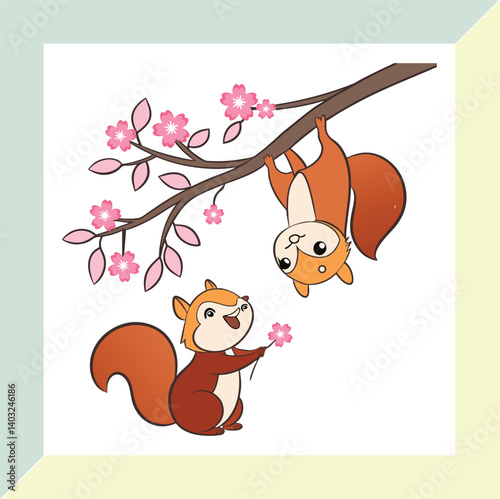 Two cute squirrels playing on a flowered branch