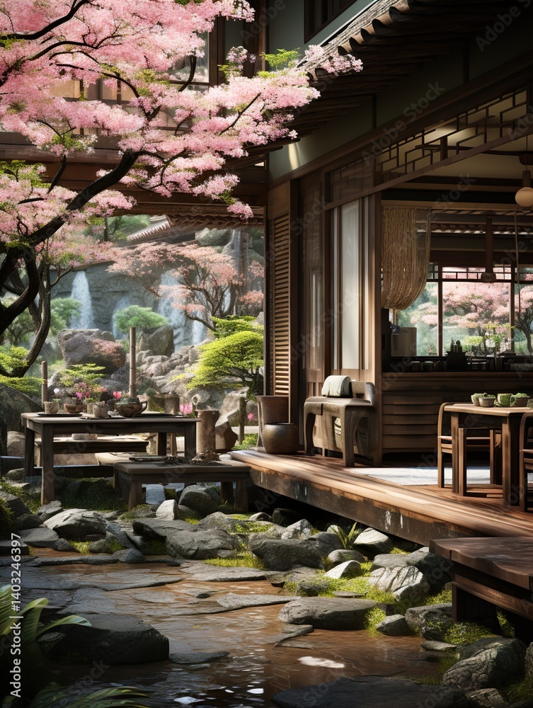 Fototapeta premium A serene japanese garden with cherry blossoms and traditional wooden architecture and a waterfall view