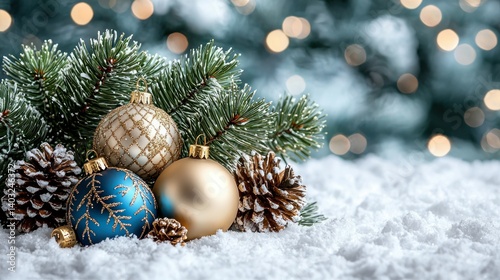 Festive Winter Wonderland: Christmas Ornaments, Pine Cones, and Snow