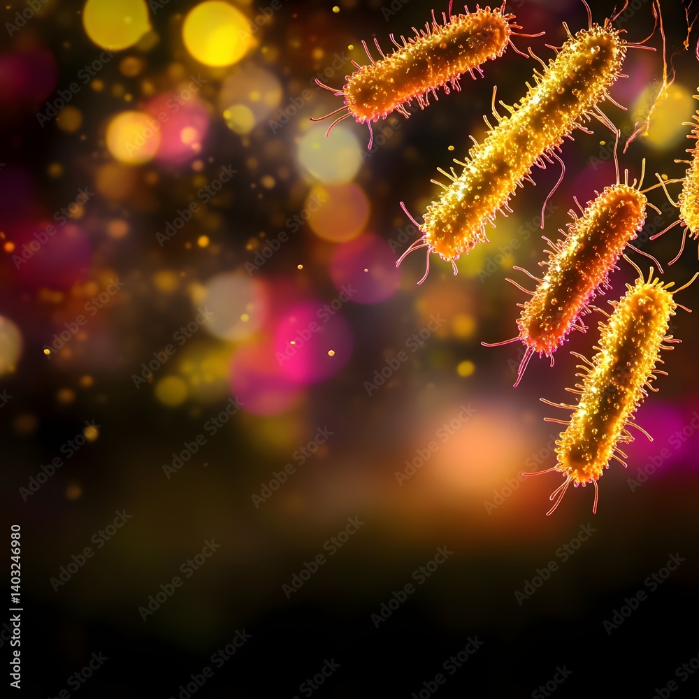 Fototapeta premium Glowing Microscopic Bacteria Against A Colorful Abstract Background With Soft Lights