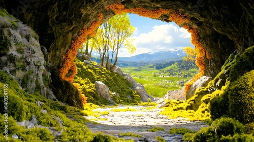 Sunlit Cave Entrance Overlooking a Verdant Valley with Mountains and Blue Sky