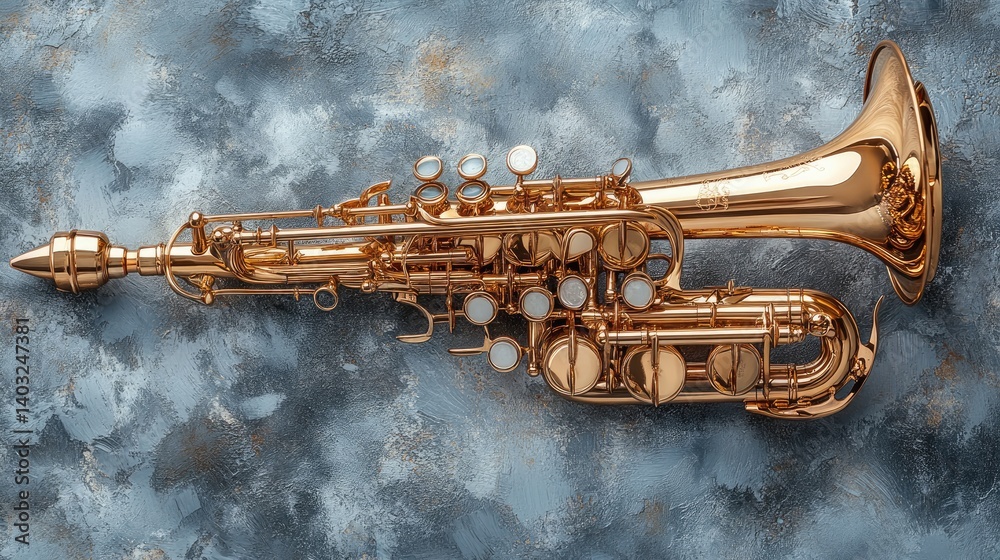 Golden horn rests on a marble-like background. Polished texture adds elegance to the musical instrument