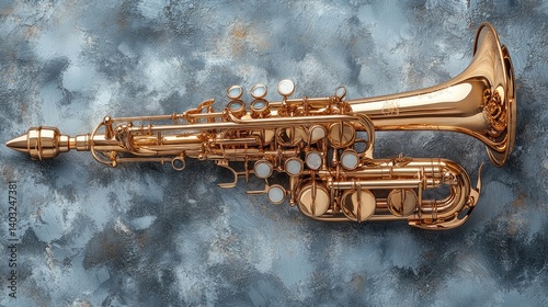 Golden horn rests on a marble-like background. Polished texture adds elegance to the musical instrument