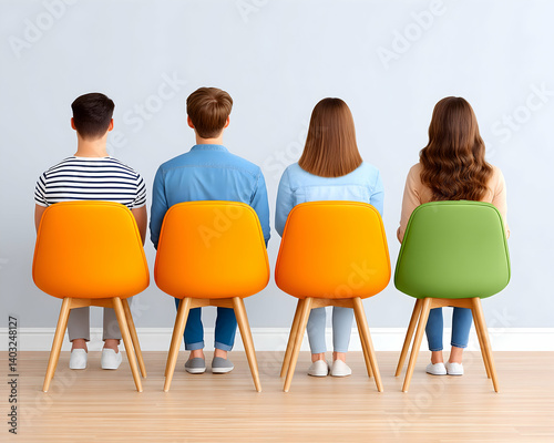 Four individuals seated in colorful chairs, viewed from behind against a neutral wall. Generative AI