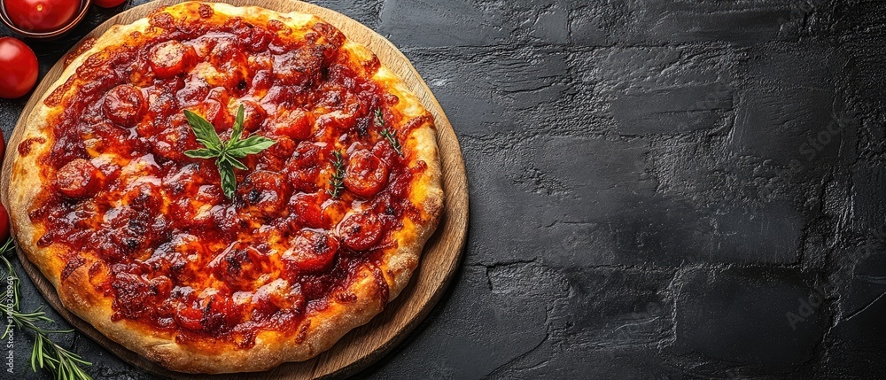 Pizza with tomato sauce, cherry tomatoes, and basil on a wooden board, dark stone background