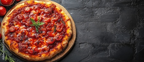 Obraz na płótnie Pizza with tomato sauce, cherry tomatoes, and basil on a wooden board, dark stone background w salonie
