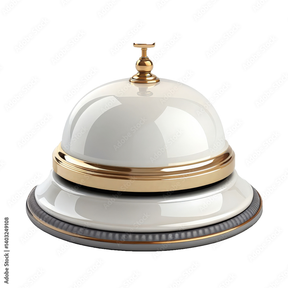 shiny, elegant hotel service bell with gold trim and white body, reflecting light on transparency background, evokes sense of luxury and hospitality shiny, elegant hotel service bell with gold trim and white body, reflecting light on transparency background, evokes sense of luxury and hospitality