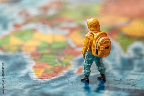 A tiny figurine wearing a yellow raincoat and backpack stands on a world map, looking towards the horizon.  It evokes a sense of adventure and wanderlust. Perfect for travel blogs and articles.