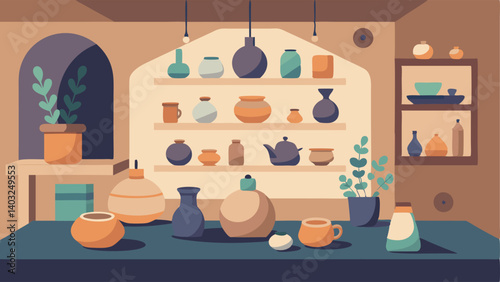 A small intimate room with a collection of delicate handcrafted ceramic pieces displayed on floating shelves.