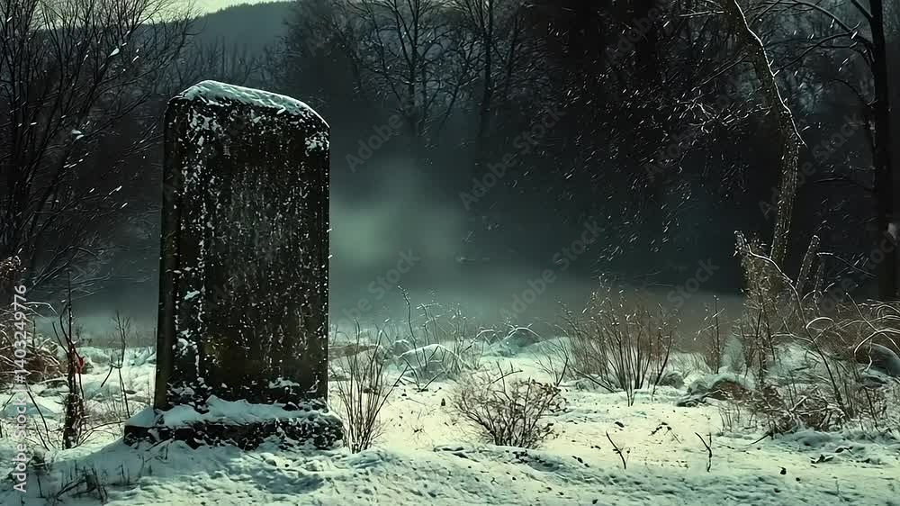 Snow-covered grave marker in a misty forest, creating a somber winter atmosphere