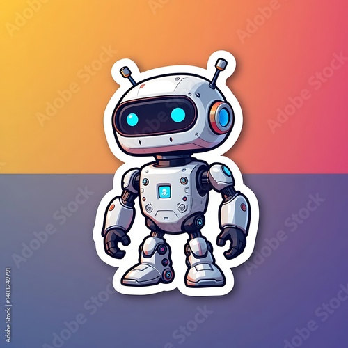 Cute cartoon robot sticker, friendly robot mascot, white and blue robot design, glowing blue eyes, antenna, colorful gradient background, vector illustration style,