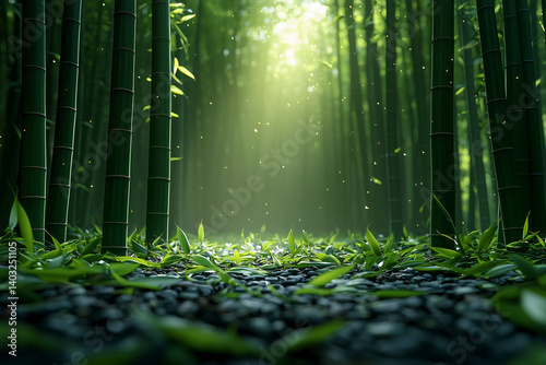 Sunlit Bamboo Forest with Fog and Golden Light