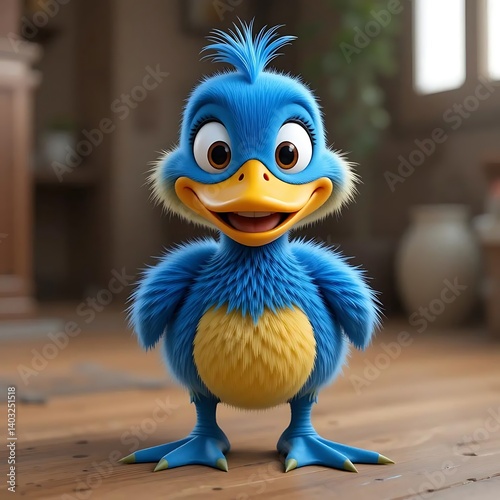 blue bird character, big expressive eyes, yellow beak, fluffy feathers, small chubby body, bright blue plumage, yellow belly, spiky head feathers, cute and friendly appearance, 3D rendering, 