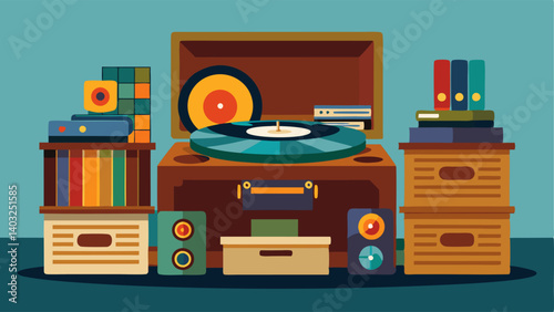 A vintage record player sits on a distressed wooden chest surrounded by stacks of vinyl records from a variety of musical genres.