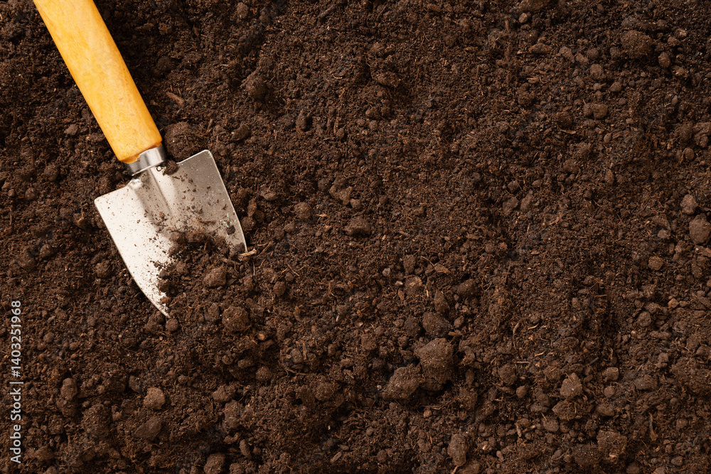Garden hand cultivator and planting on soil. Season gardening and work. Hand rakes. Wood Small Sized Hand Cultivator. View from above. Copy space.