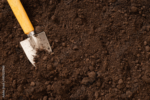 Obraz na płótnie Garden hand cultivator and planting on soil. Season gardening and work. Hand rakes. Wood Small Sized Hand Cultivator. View from above. Copy space. w salonie