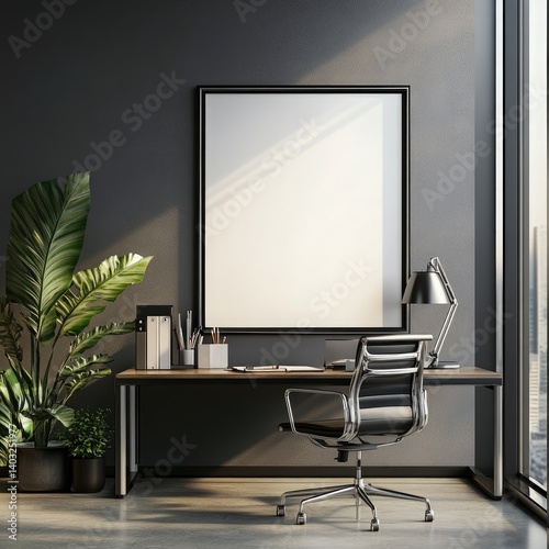 Modern workspace with a blank canvas.  A stylish, minimalist office setup featuring a dark gray wall, wooden desk,  a large blank framed art piece, and a laptop. 