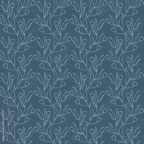 Thin linear floral ornament on a blue-green background.  Seamless pattern. Sea-wave colored background for paper, cover, textile, gift wrap, wallpaper.
