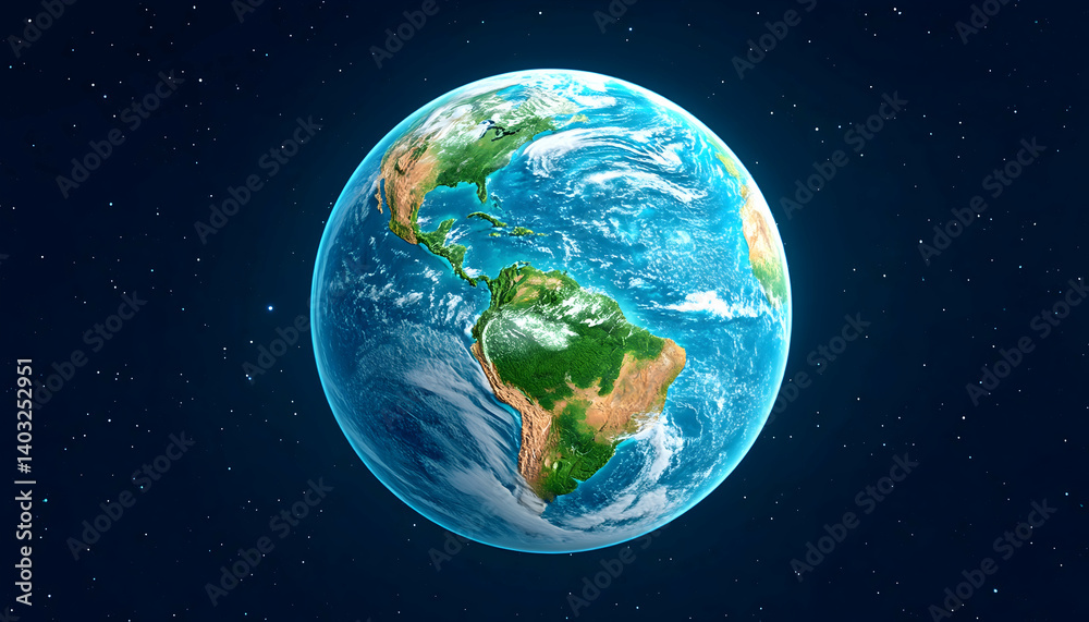 Fototapeta premium Detailed Earth view from space, showcasing continents, oceans, and clouds against a star-studded backdrop. Generative AI