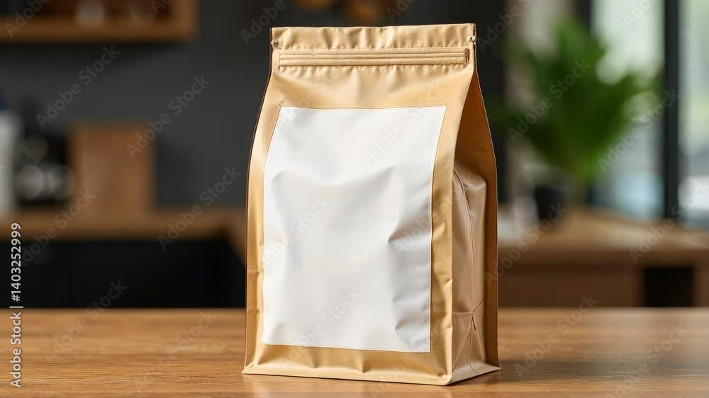 Golden brown blank stand-up pouch with white label on a wooden table, realistic photo style, kitchen background, concept of food packaging Golden brown blank stand-up pouch with white label on a wooden table, realistic photo style, kitchen background, concept of food packaging