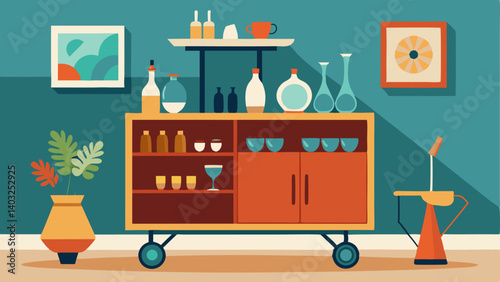 A retro bar cart sits in the corner of a dining room showcasing a collection of vintage glasses and decanters. In the background a midcentury buffet holds a variety of eclectic