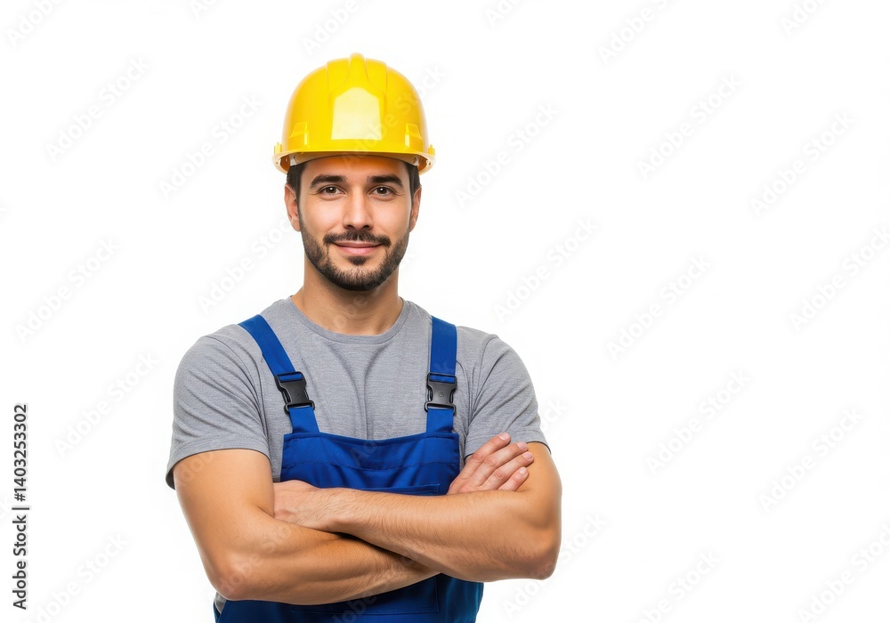 A man in blue overalls and a yellow hard hat with arms crossed smiling on a white background A man in blue overalls and a yellow hard hat with arms crossed smiling on a white background