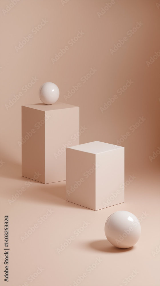 Beige Abstract Geometric Display with Spheres