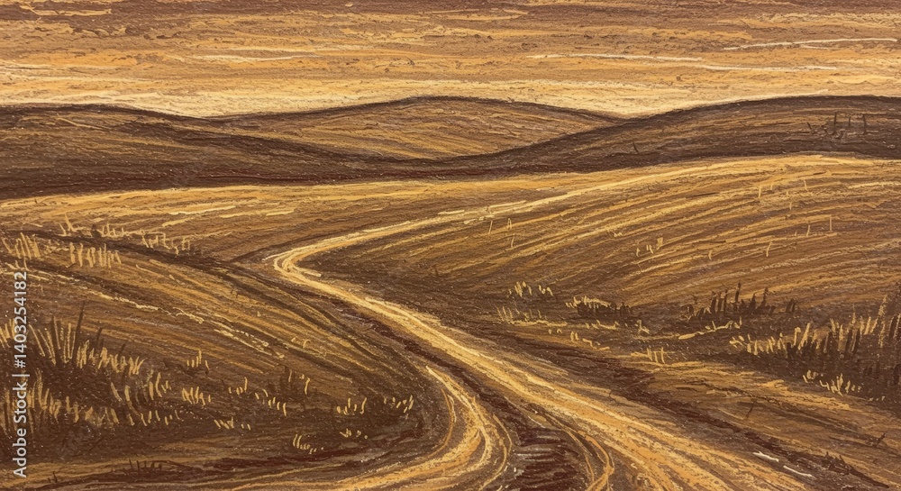 Fototapeta premium Winding path through golden fields at sunset