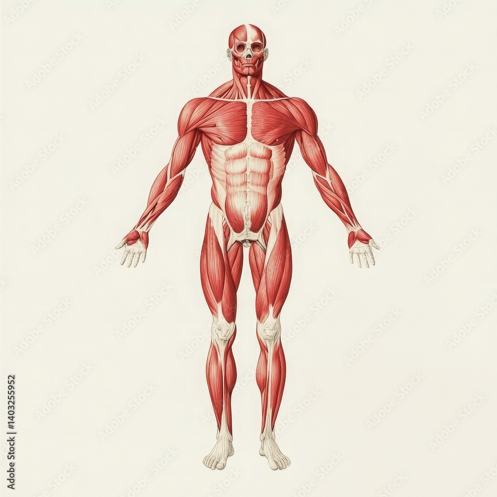 A detailed anatomical illustration showcasing the intricate network of human musculature, a vibrant study in red tones against a clean, off-white background. A detailed anatomical illustration showcasing the intricate network of human musculature, a vibrant study in red tones against a clean, off-white background.