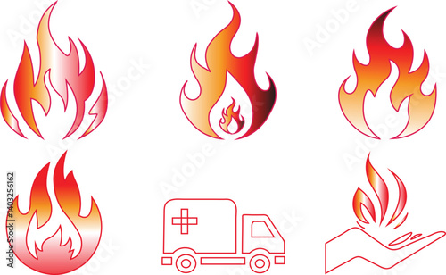 Red Flame Fire Icons Set in Flat Gradient Style