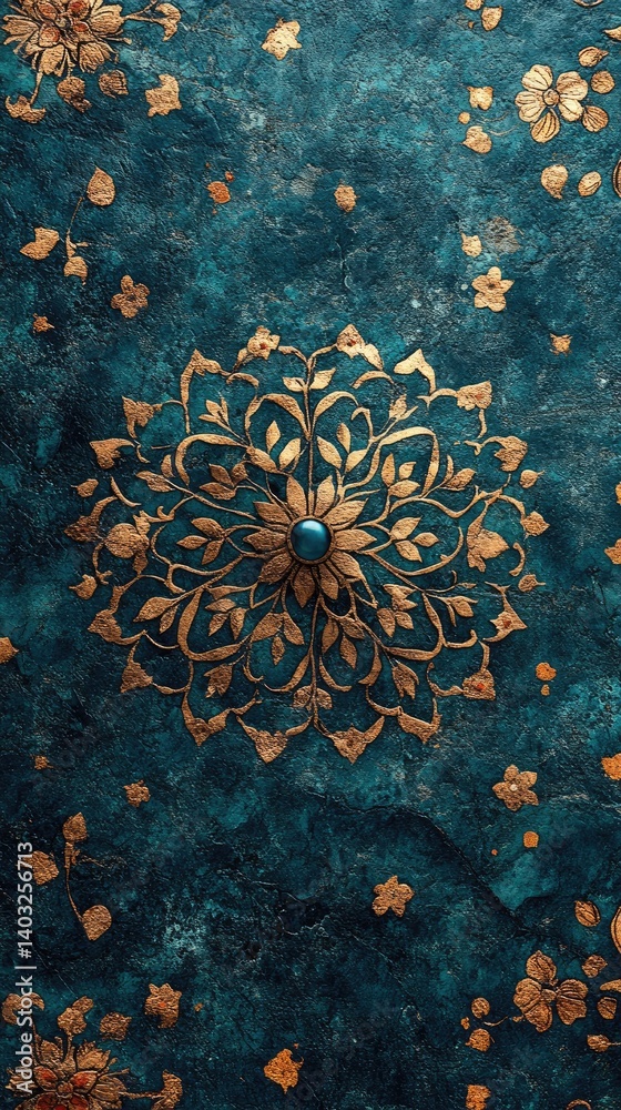 Ornate gold floral pattern center on a textured dark blue background with gold petal details