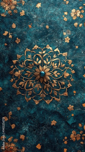 Obraz na płótnie Ornate gold floral pattern center on a textured dark blue background with gold petal details w salonie
